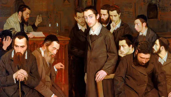 Un grupo de rabinos en una pintura al óleo de Maurycy Minkowski