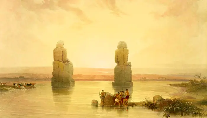 Los colosos de Memnón durante una inundación del río Nilo