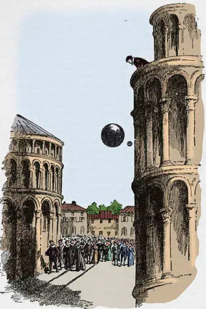 Ilustración de la demostración de los pesos de Galileo Galilei en la torre de Pisa