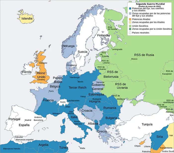 Mapa de Europa durante la Segunda Guerra Mundial