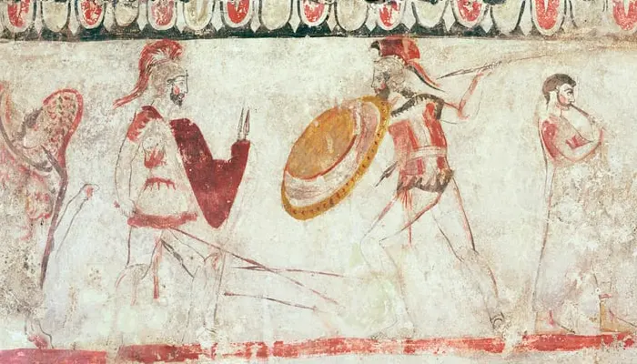 Detalle de un fresco con unos guerreros luchando
