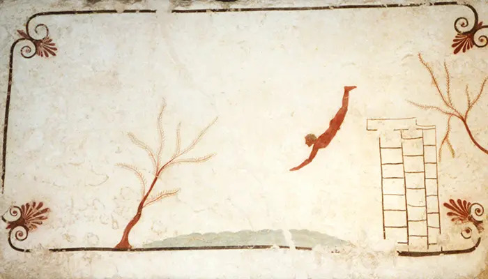 Pintura de una losa de la tumba del Nadador