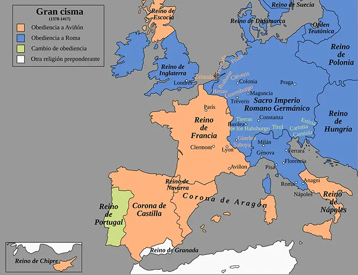 Mapa de la polarización de los reinos de Europa en el Cisma de Occidente