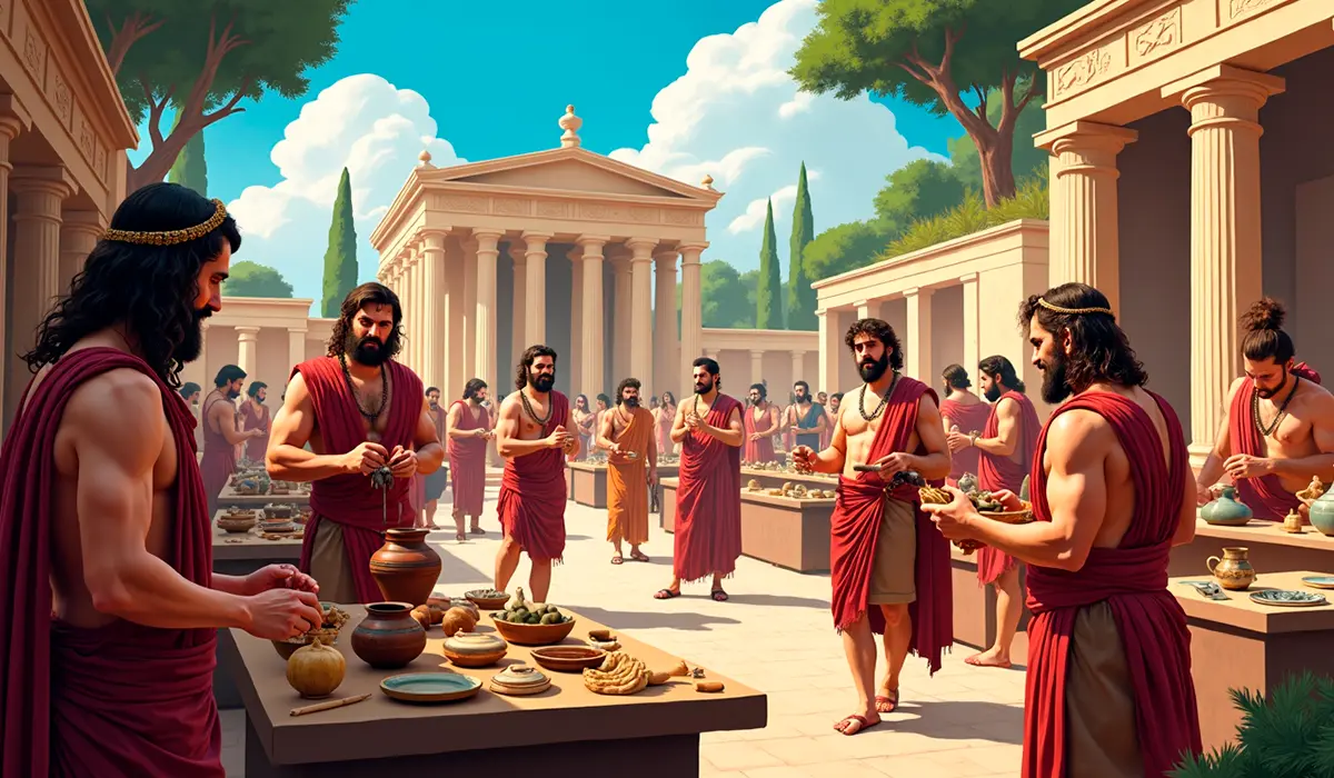 Varios artesanos espartanos trabajando en la creación de cerámica laconia, bronces y marfiles tallados, con herramientas tradicionales y productos terminados exhibidos.