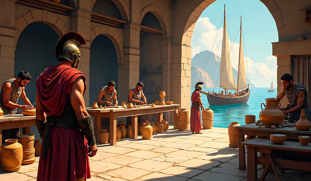 Varios periecos de Esparta trabajando en artesanía