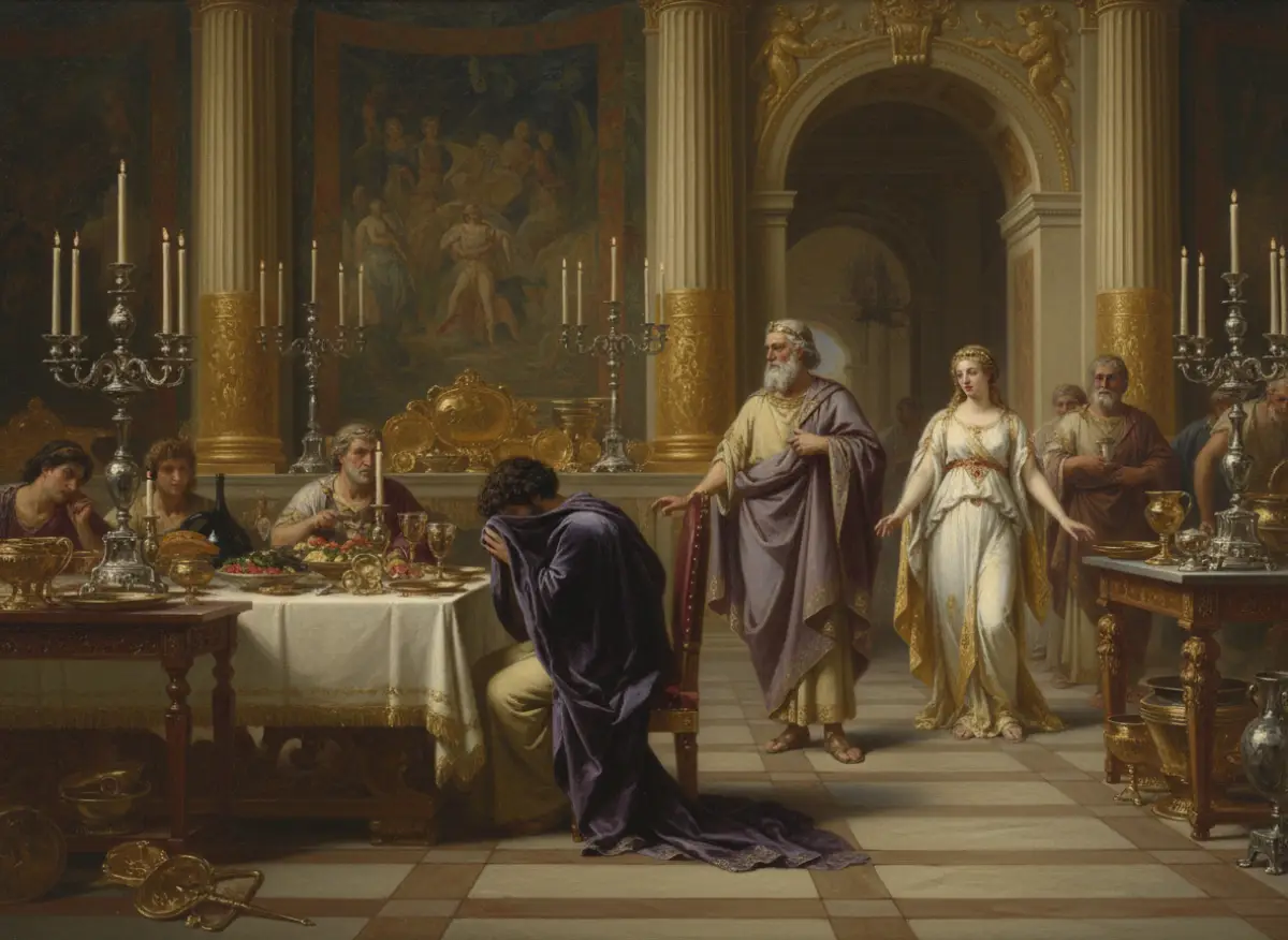 Telémaco llora en el banquete.