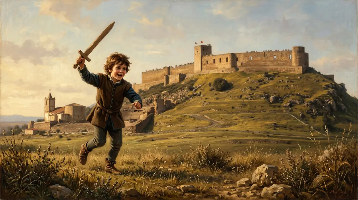 Hernán Cortés juega con una espada de madera, observándose de fondo el castillo de Medellín.