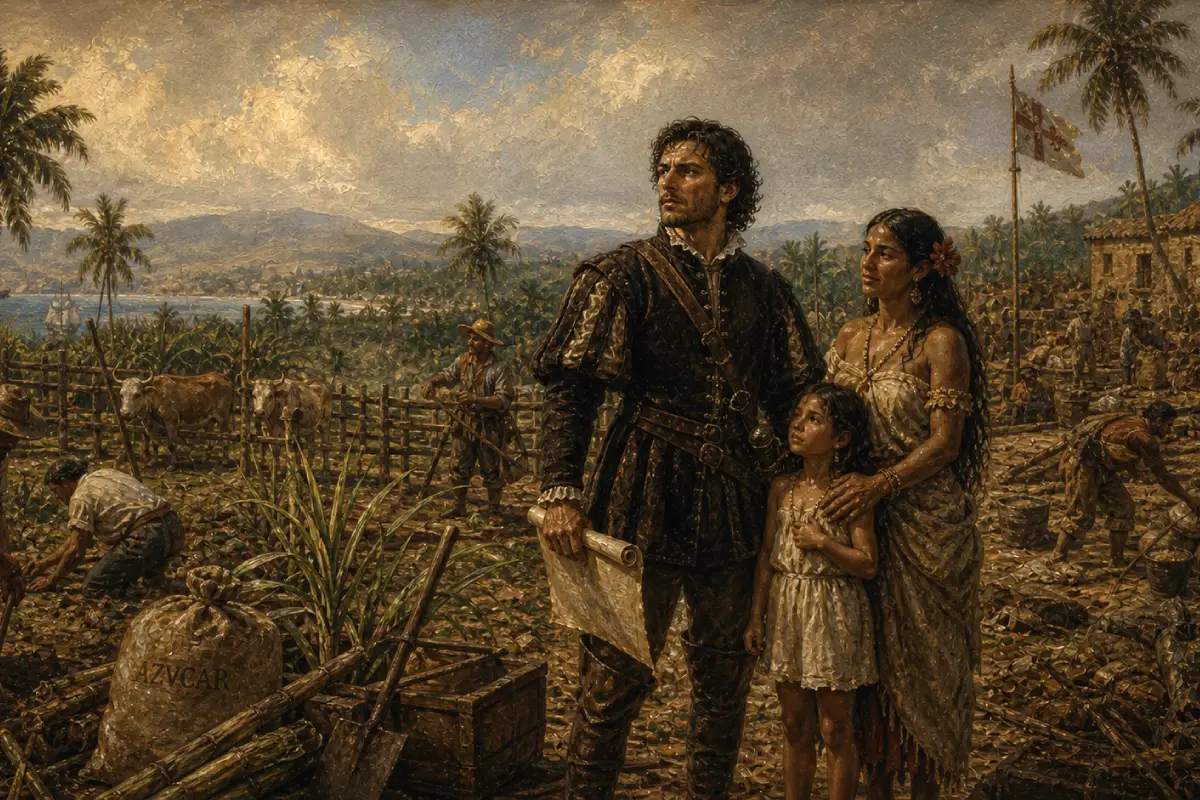 Hernán Cortés con su mujer taína y su hija